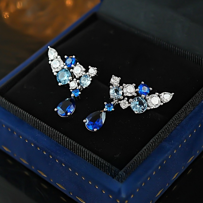 “Celestial Bloom” Blue & White Gradient Drop Earrings in 925 Sterling Silver
