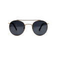 Round sunglasses with gold frame and dark lenses on a white background