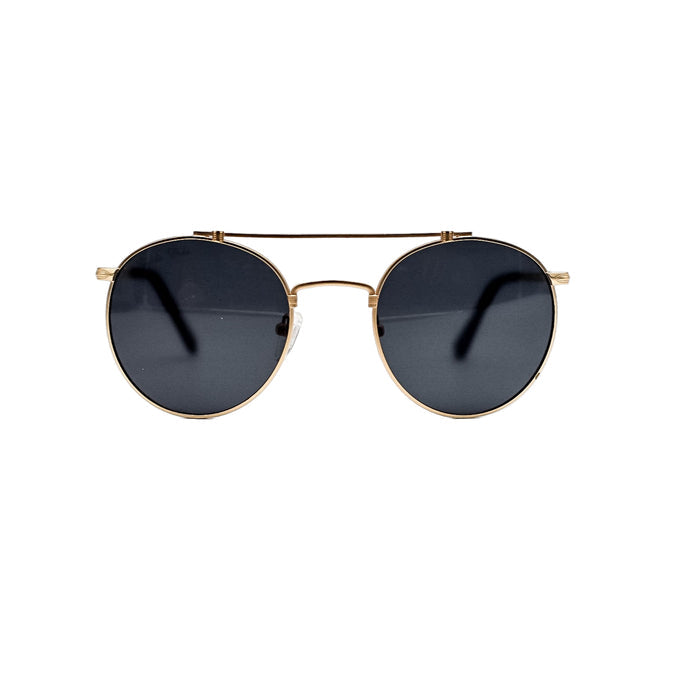 Round sunglasses with gold frame and dark lenses on a white background