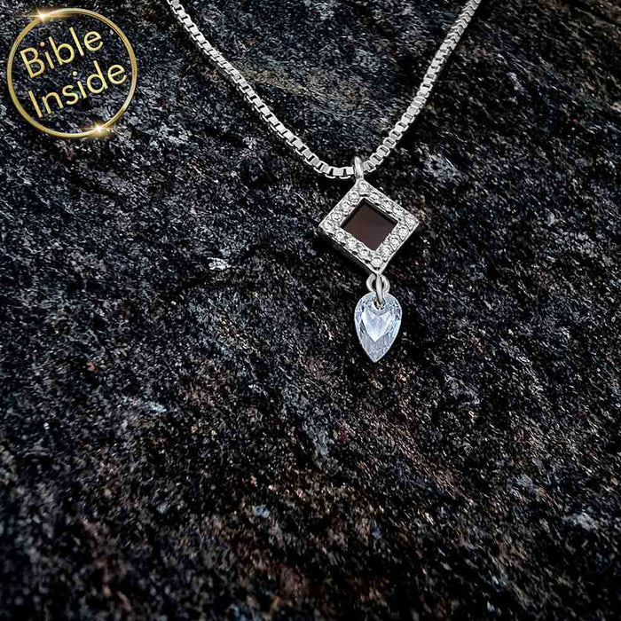 Christian gift for mom from daughter – silver rhombus necklace with micro Bible