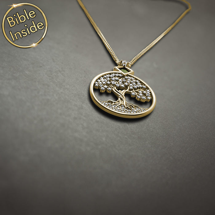 Tree of Life necklace with miniature Bible chip — Christian wedding gift idea in gold