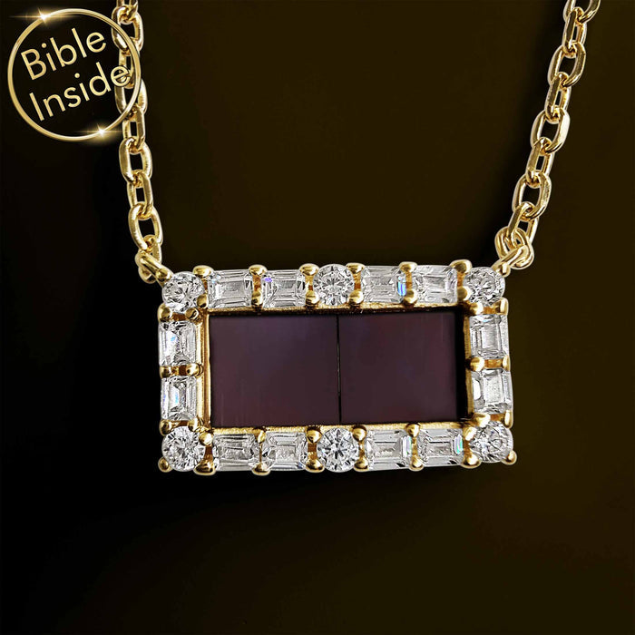 Christianity jewelry rectangle pendant in 14k gold with dual nano Bible chip technology – minimalist Christian necklace for women daily wear & worship
