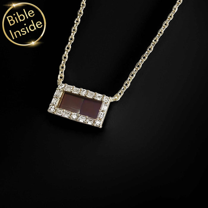 Gold Christianity jewelry rectangle pendant with sparkling CZ stones and nano Bible technology – Shlama premium faith jewelry collection