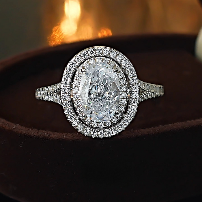Classic Oval Double Halo Engagement Ring in Sterling Silver