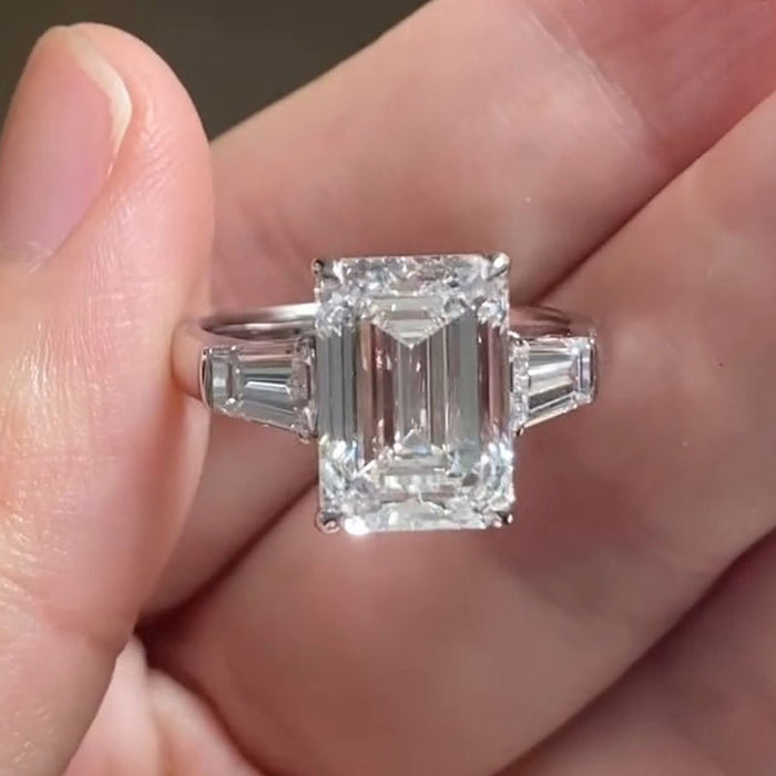 Classic Three Stone Emerald Cut Sterling Silver Engagement Ring