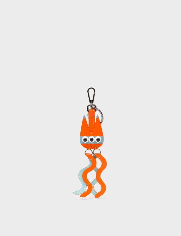 Cosmic Cat Charm - Vermillion and Eggshell Blue Leather Keychain - Front