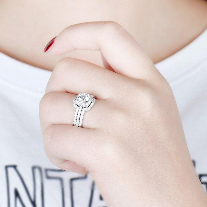 Cushion Cut Halo Enhancer Guard Bridal Ring Set in Sterling Silver