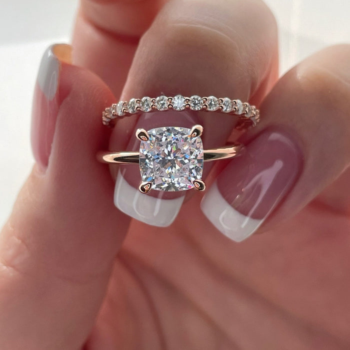 Cushion Cut Solitare Bridal Set Ring with Round Cut Eternity Ring in Sterling Silver