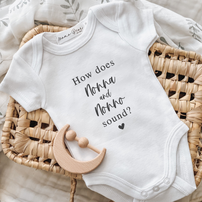 Pregnancy reveal to parents. Baby onesie with custom text "how does Nonna and Nonno sound?"