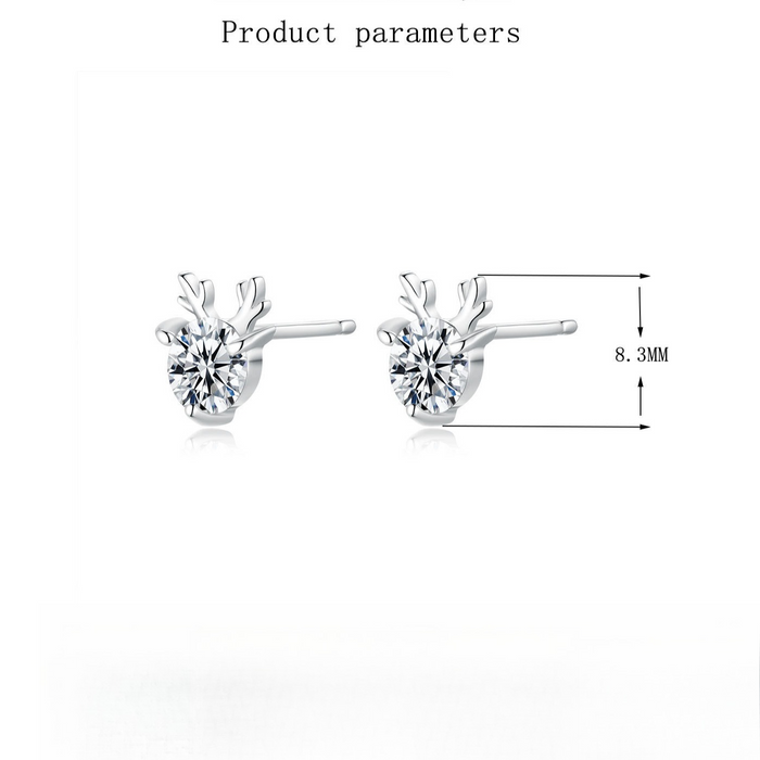 Cute Antler Reindeer Design Moissanite Silver Earrings