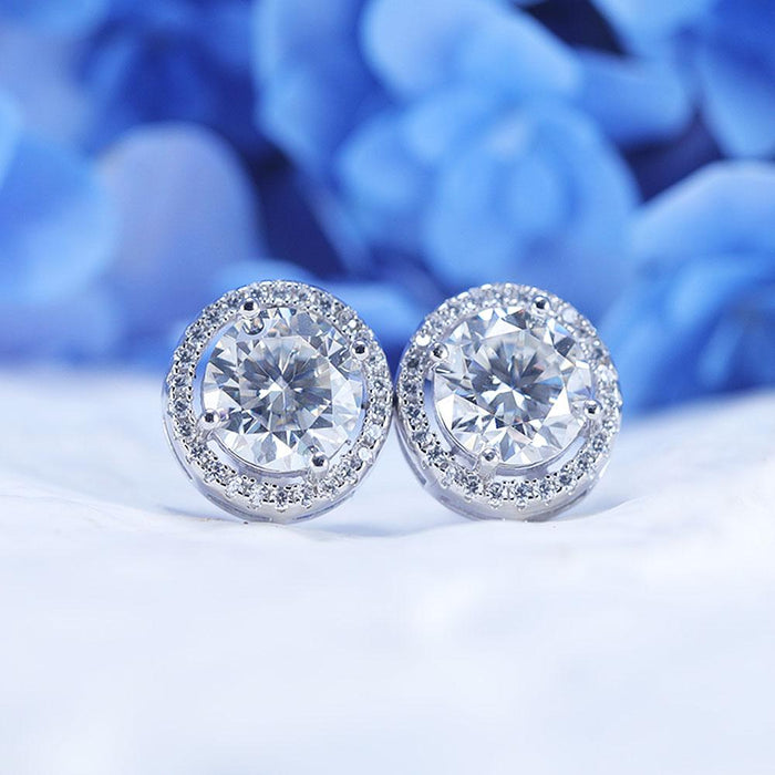 D Color Moissanite Round Cut Halo Design Sterling Silver Stud Earrings