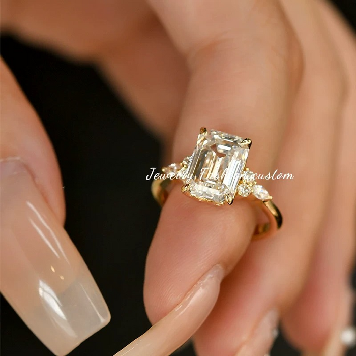 Daity Emerald Cut Three Stone Sterling Silver Bridal Set