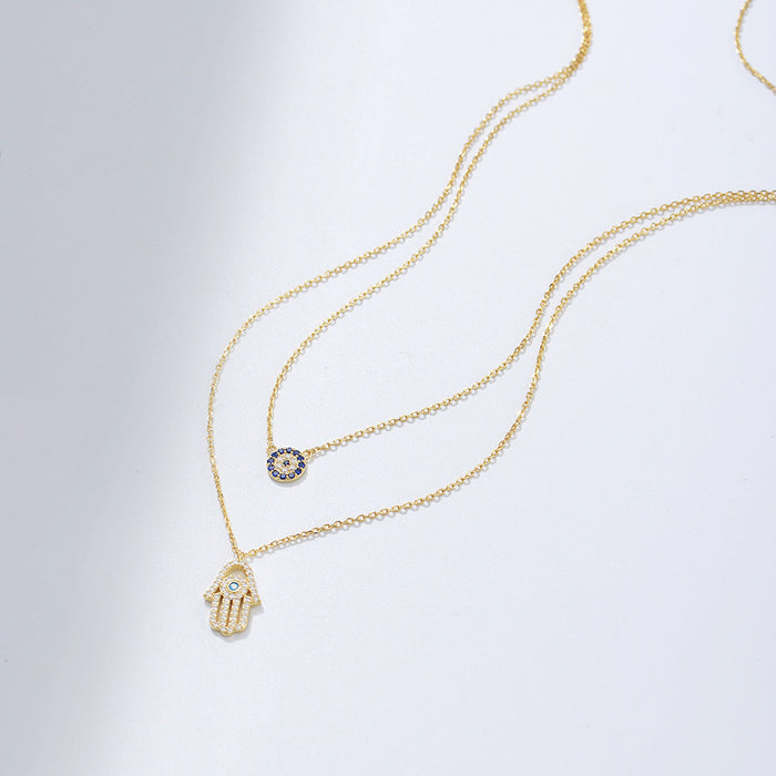 Devil Eye Hamsa Palm Double Layed Necklace