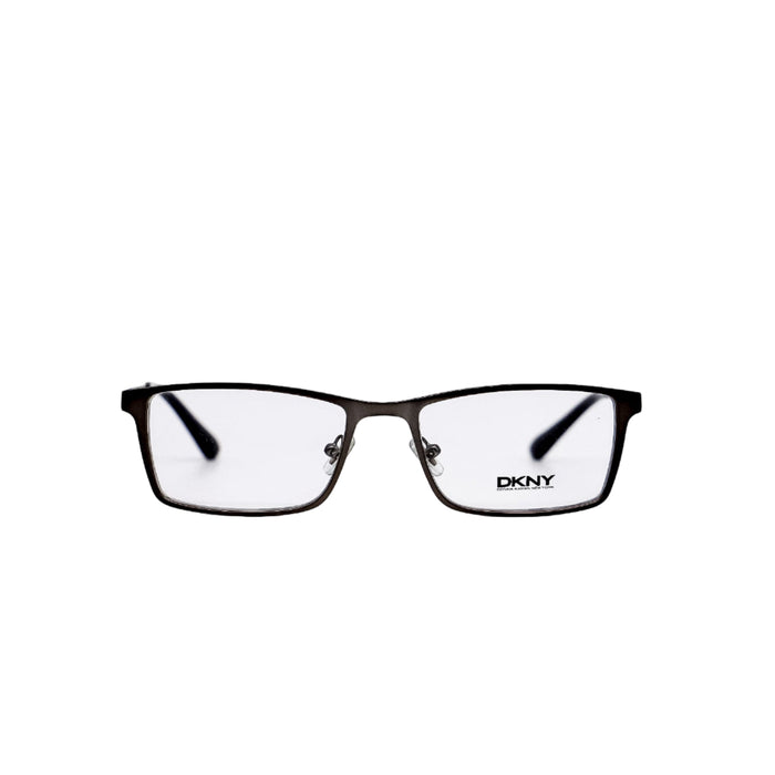 Black eyeglasses with 'DKNY' logo on a white background