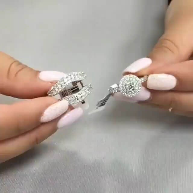 Double Halo Round Cut  Insert Bridal Set Rings in Sterling Silver