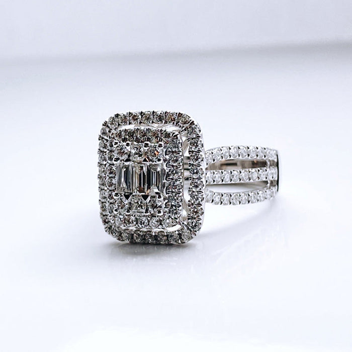 Double Halo Three Shank Emerald Cut Sterling Silver Engagement Ring