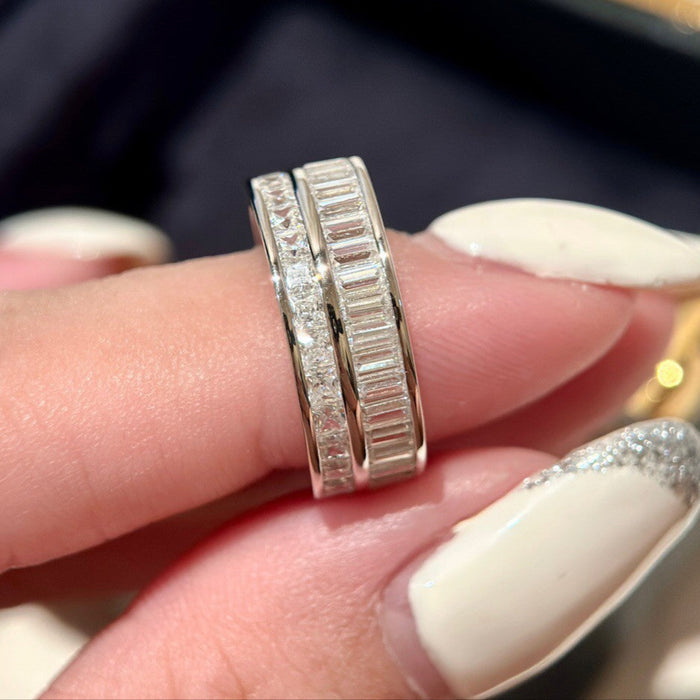 Double Row Band Baguette & Princess Cut Sterling Silver Ring