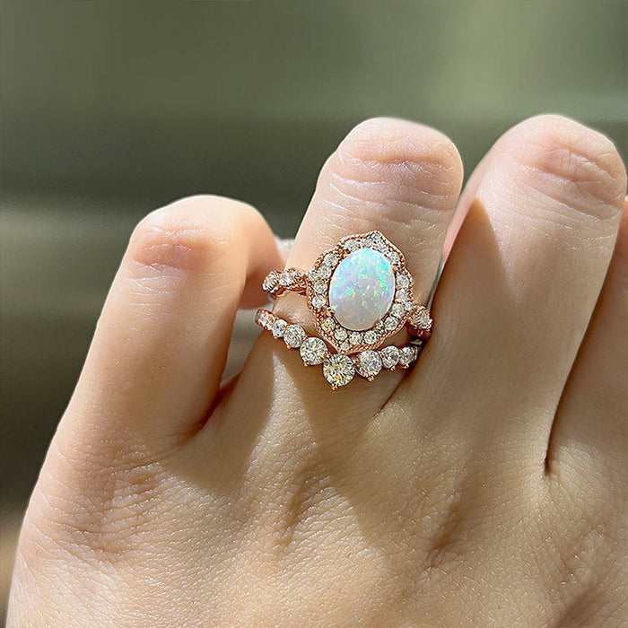 Elegant Rose Golden Tone Oval Cut Opal Bridal Set In Sterling Silver