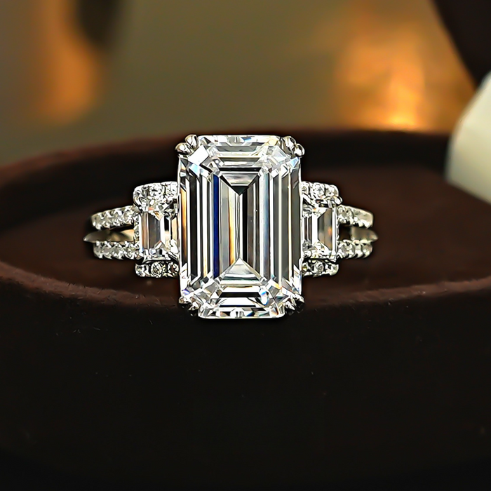 Emerald-Cut Three-Stone Engagement Ring in 925 Sterling Silver