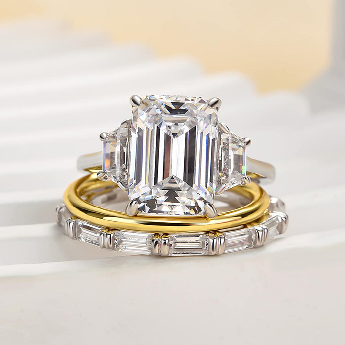 Emerald Cut Three Stone Engagement Ring & Wedding Band