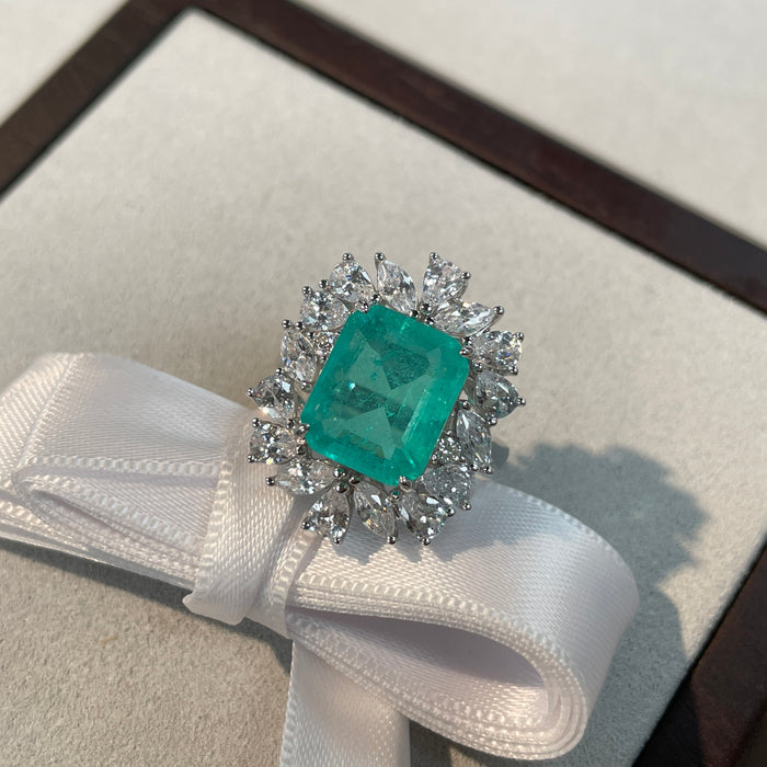 Emerald Green Halo Sterling Silver Engagement Ring