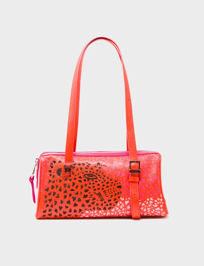 Esther Fiesta Red Satchel Mini Bag - Retro Tiger Embroidery - Front View