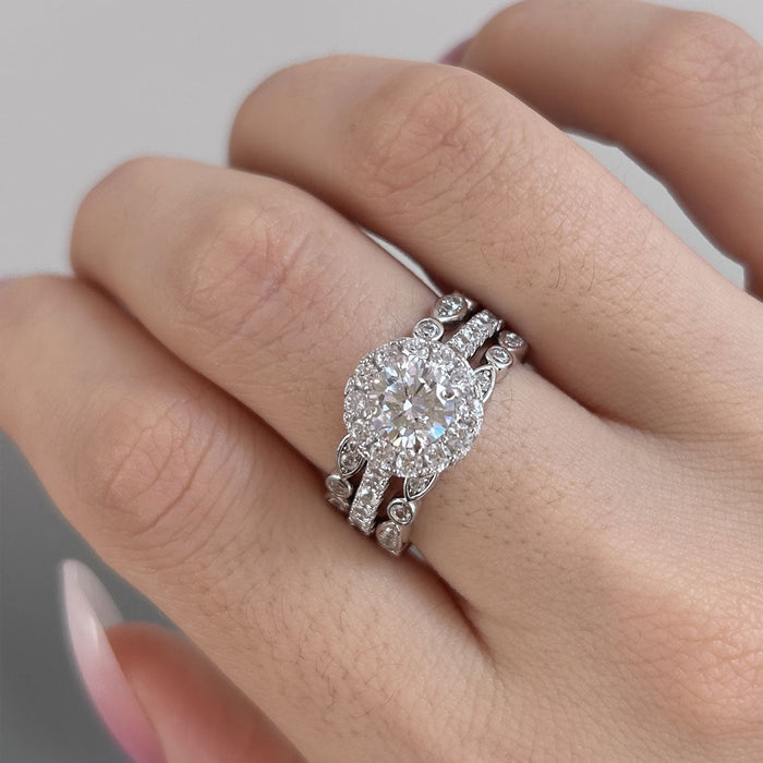 Exquisite 3-Piece Halo Round Cut Sterling Silver Bridal Sets- ONLY Size 7.0 Avaliable
