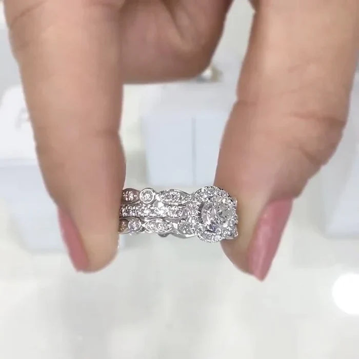 Exquisite 3-Piece Halo Round Cut Sterling Silver Bridal Sets- ONLY Size 7.0 Avaliable