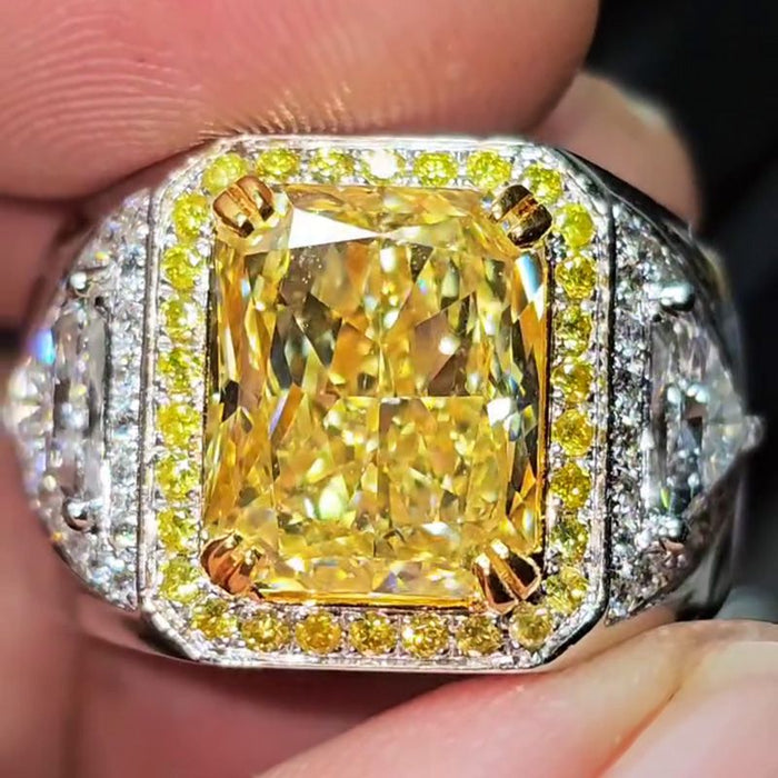 Fancy 7ct Radiant Cut Yellow Sapphire Halo Handmade Men's Ring