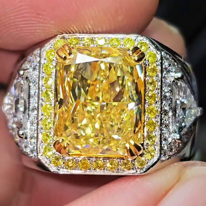 Fancy 7ct Radiant Cut Yellow Sapphire Halo Handmade Men's Ring