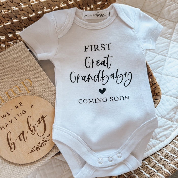 First great Grandbaby coming soon white onesie pregnancy announcement