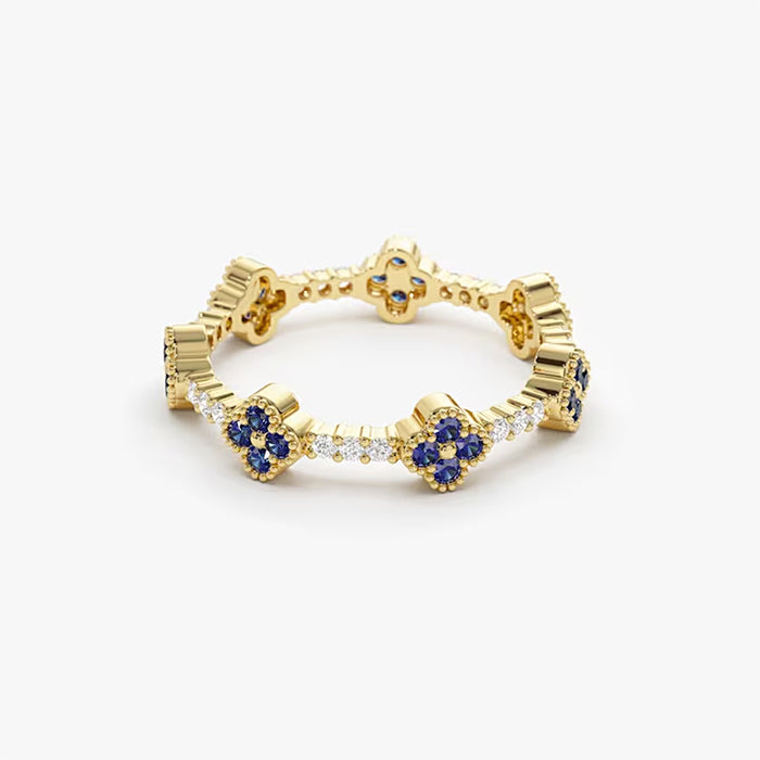 Floral Blue Gemstone Band Ring in 925 Sterling Silver