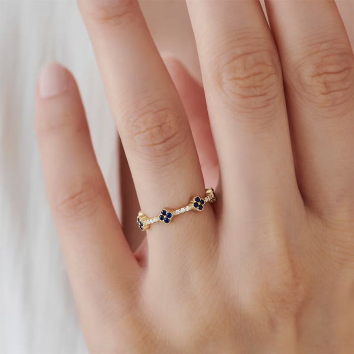 Floral Blue Gemstone Band Ring in 925 Sterling Silver