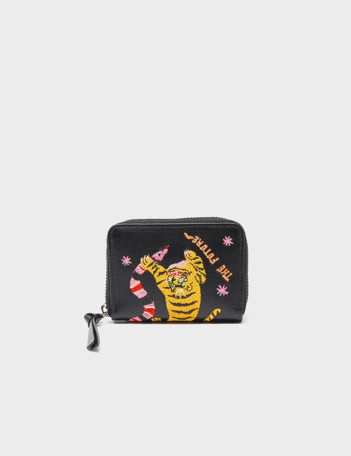 Frodo Black Leather Zip Around Wallet - Tiger and Snake Embroidery - Main View