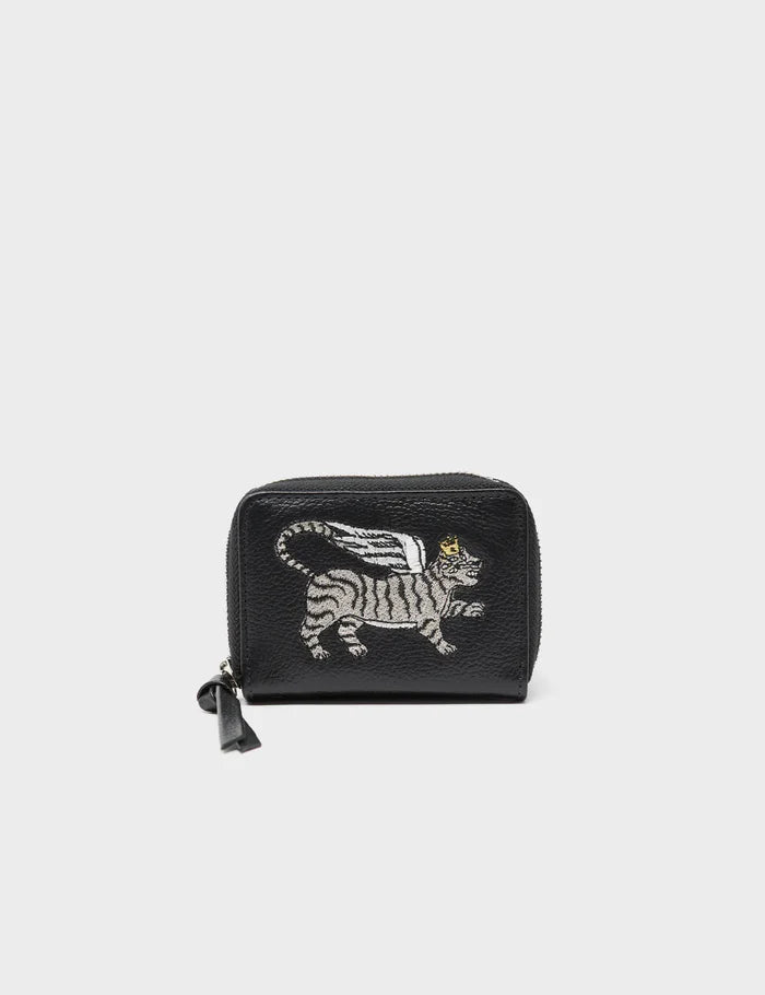 Frodo Black Leather Zip Around Wallet - Winged Tiger Embroidery - Front