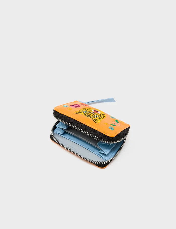 Frodo Flamingo Orange Leather Zip Around Wallet - Happy Tiger Embroidery - Open View