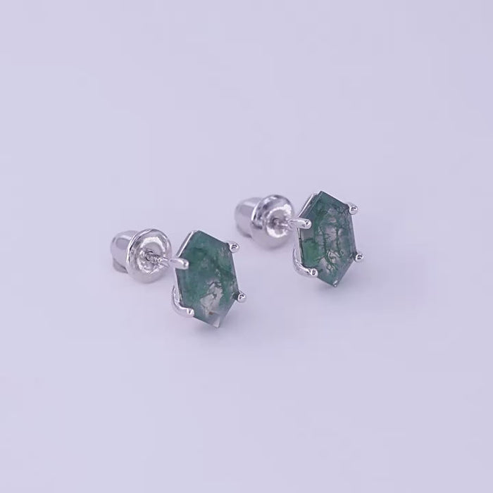 Geometric Green Moss Agate Sterling Silver Stud Earrings