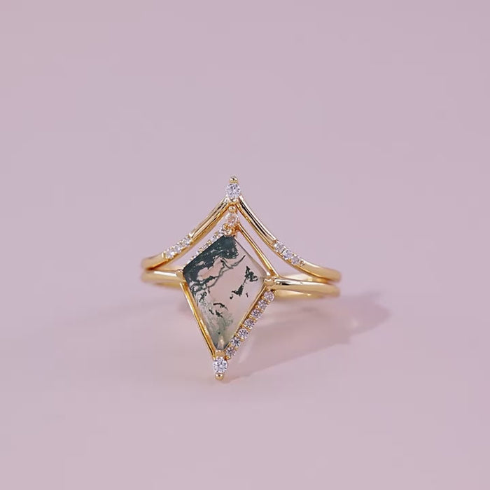 Geometric Natural Green Moss Agate Ring Set
