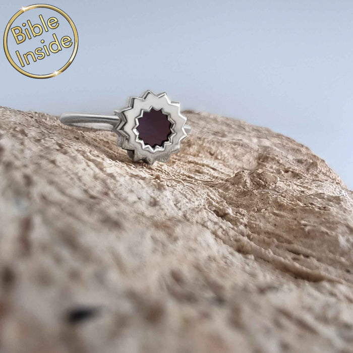 Minimalist floral ring with nano Bible, modern gift for Christian mom