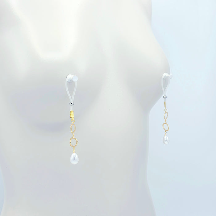 Gold and Pearl Nipple Dangles on Non-Piercing Nipple Nooses or Clamps