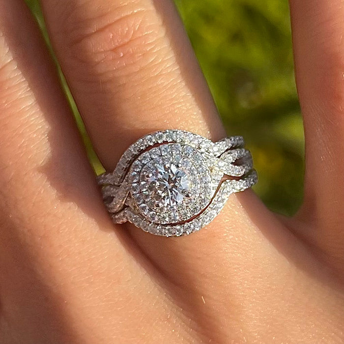 Gorgeous 3 Pcs Round Cut Halo Sterling Silver Bridal Set