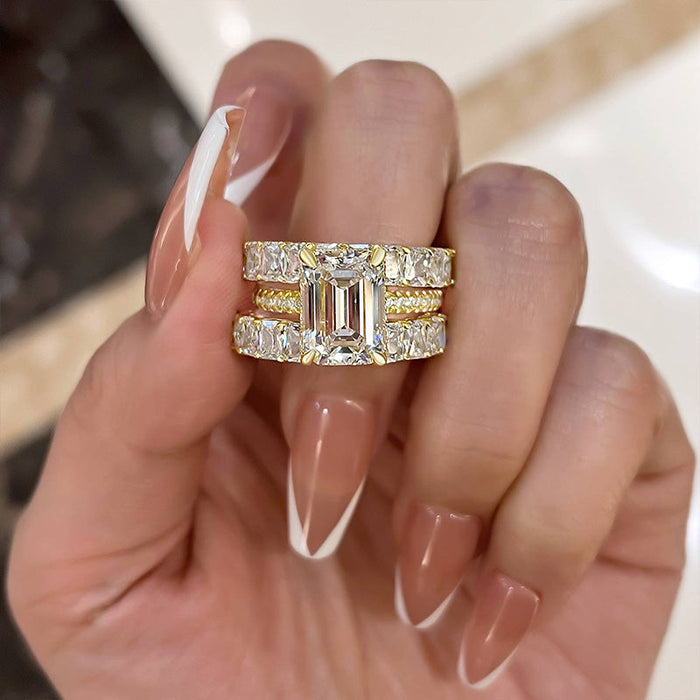 Gorgeous Golden Tone Emerald Cut 3PC Wedding Set In Sterling Silver