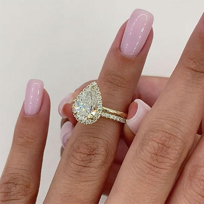 Gorgeous Golden Tone Halo Pear Cut Sterling Silver Bridal Set