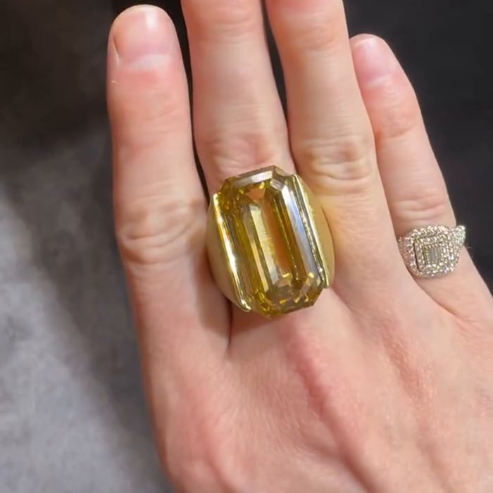 Handmade 25ct Emerald Cut Yellow Sapphire Yellow Gold Sand-Blasted Men's Ring