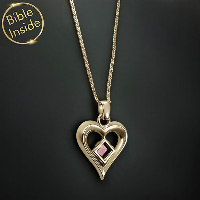 Gold heart pendant jewelry with Bible verses engraved microscopic chip Christian women gift