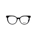Black eyeglasses with a brand logo on a white background