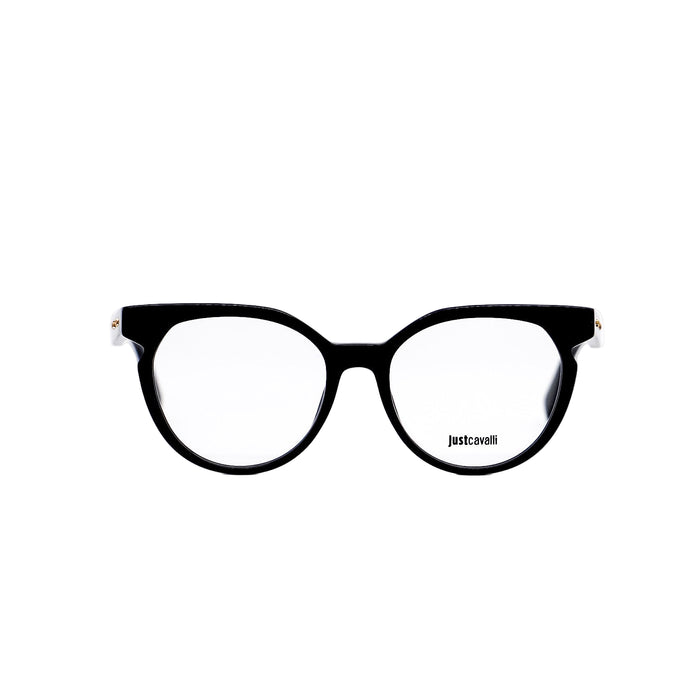 Black eyeglasses with a brand logo on a white background