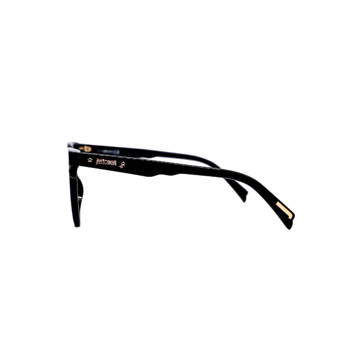 Black eyeglasses with gold accents on a white background