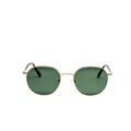 Sunglasses with green lenses and gold frame on a white background