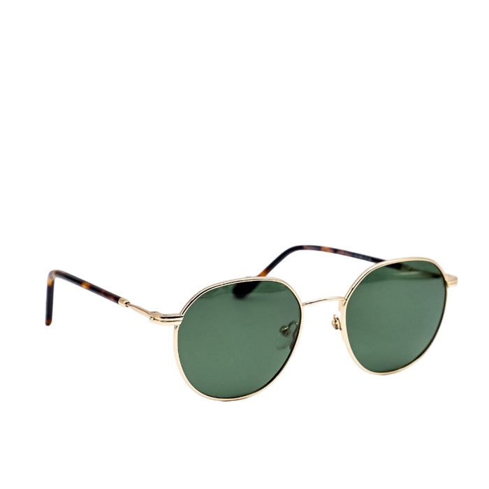 Round sunglasses with gold frame and green lenses on a white background